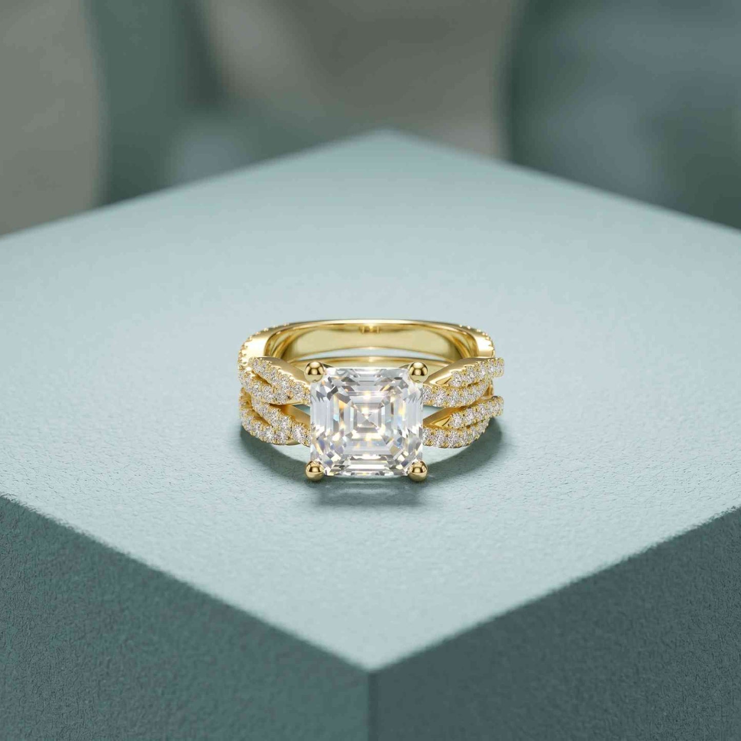 3.25 Ct Asscher Cut Moissanite Twisted Pave Ring Gold