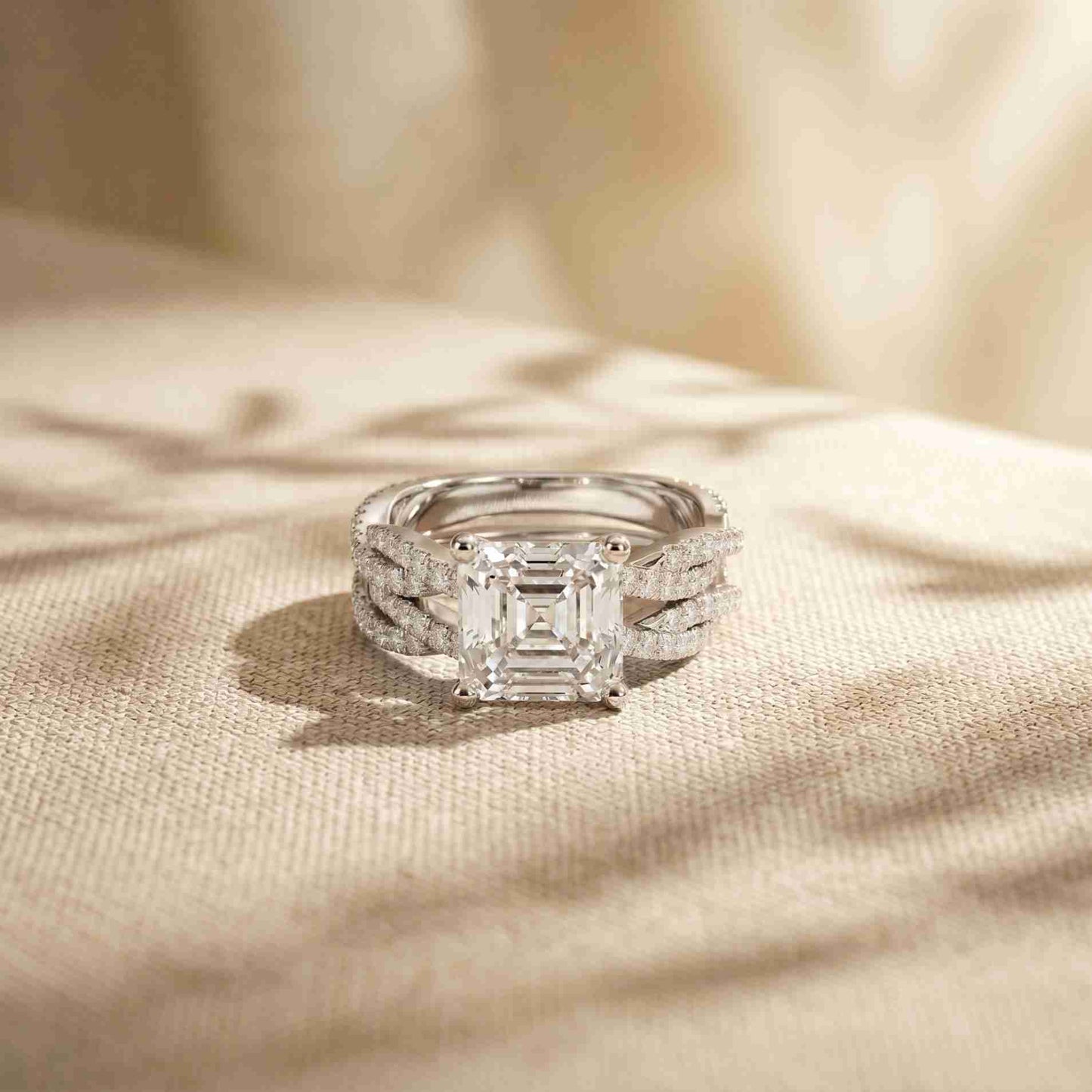 3.25 Ct Asscher Cut Moissanite Twisted Pave Ring White