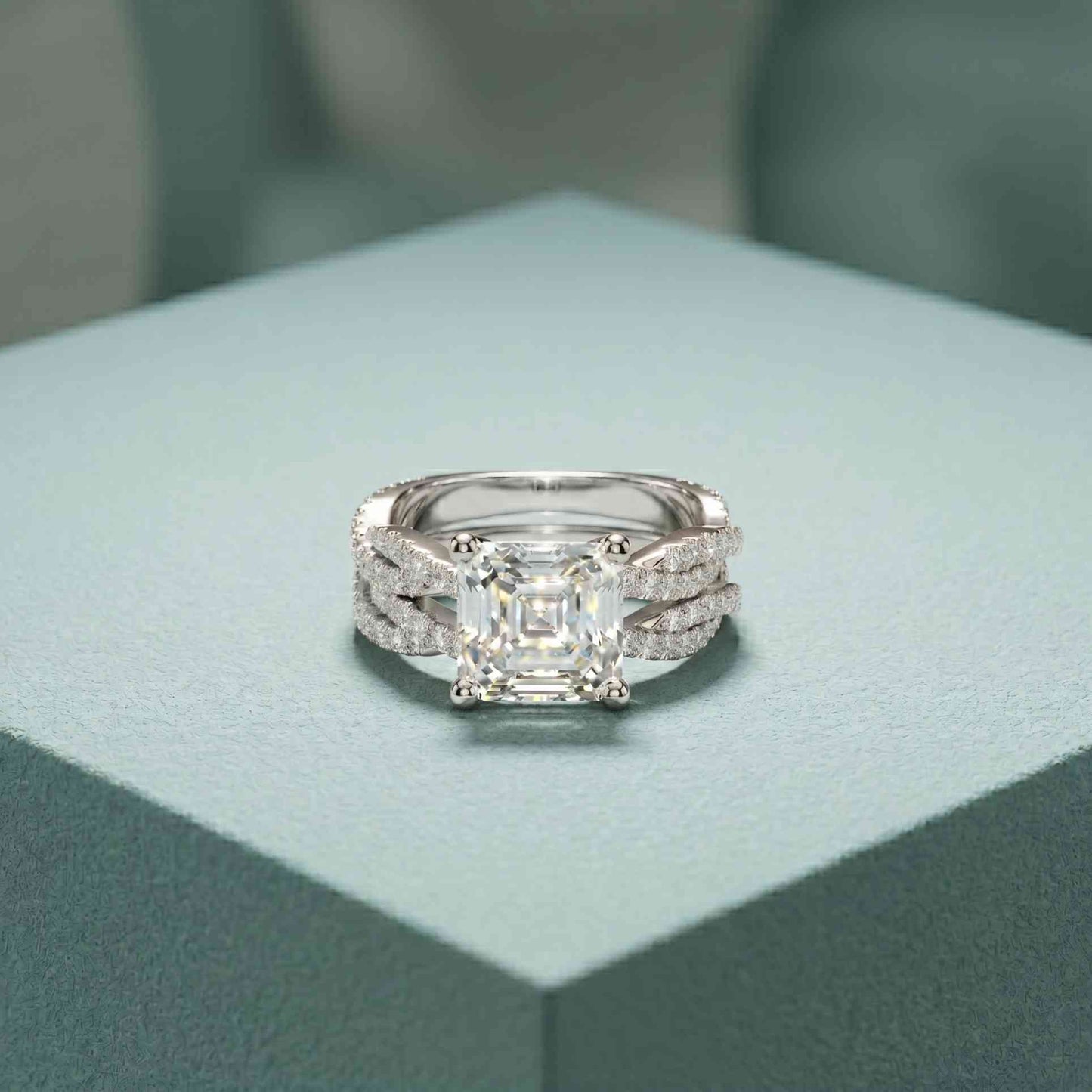 3.25 Ct Asscher Cut Moissanite Twisted Pave Ring White