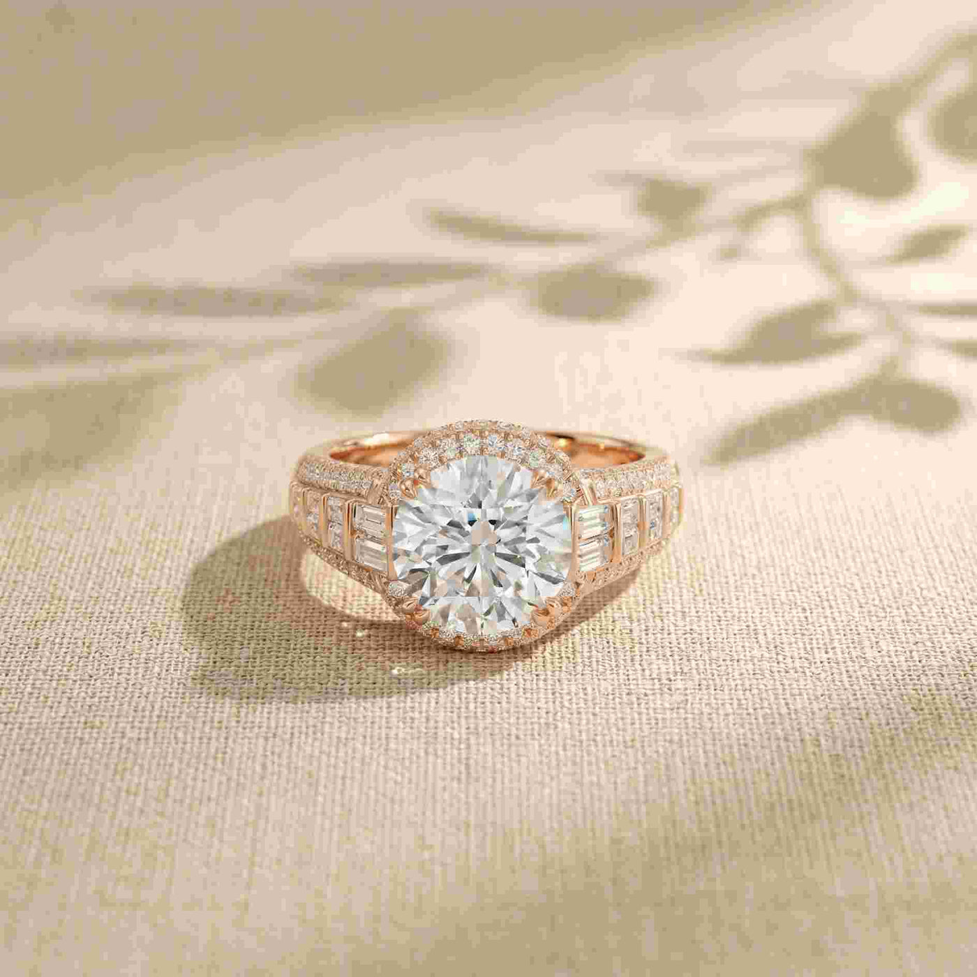 4.05 Ct Round Cut Moissanite Halo Baguette Statement Ring
