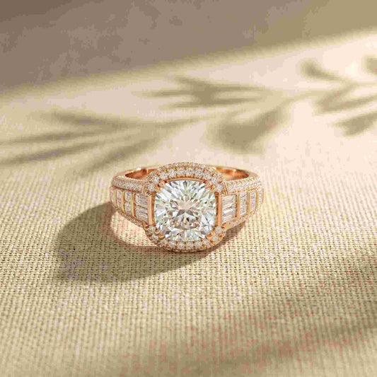4.05 Ct Cushion Cut Moissanite Halo Baguette Statement Ring