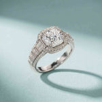 4.05 Ct Cushion Cut Moissanite Halo Baguette Statement Ring