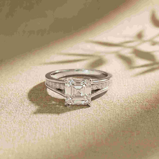 2.30 Ct Asscher Cut Moissanite Split Shank Accent Ring