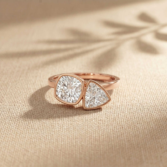 1.95 Ct Cushion & Trillion Cut Moissanite Bezel Duo Ring Rose Gold