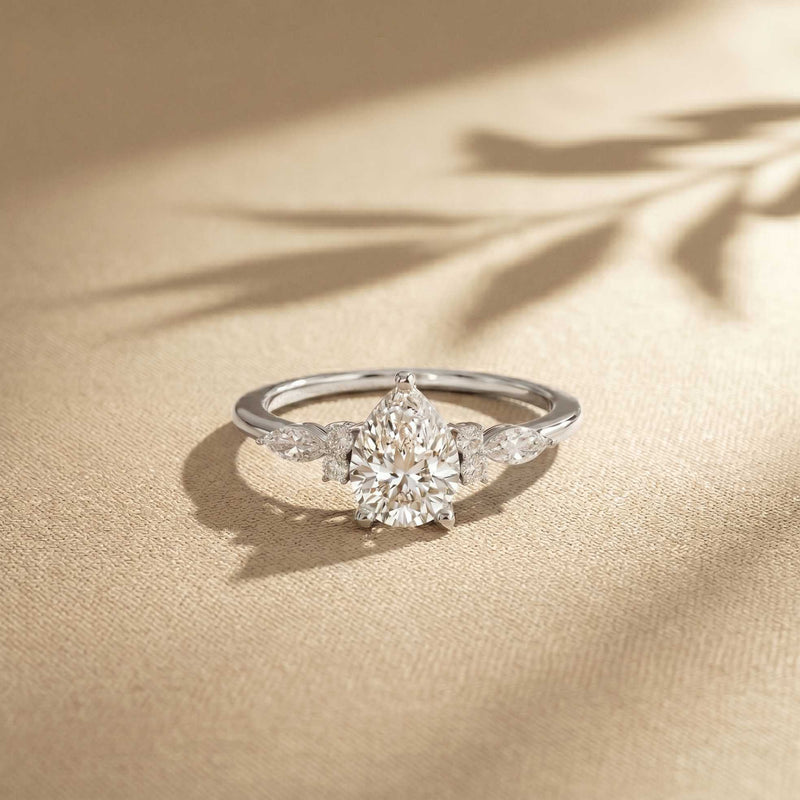 1.20 Ct Pear Cut Moissanite Leaf Accent Ring for Women White