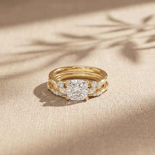 2.40 Ct Cushion Cut Moissanite Vintage Accent Bridal Ring Set for Women Gold