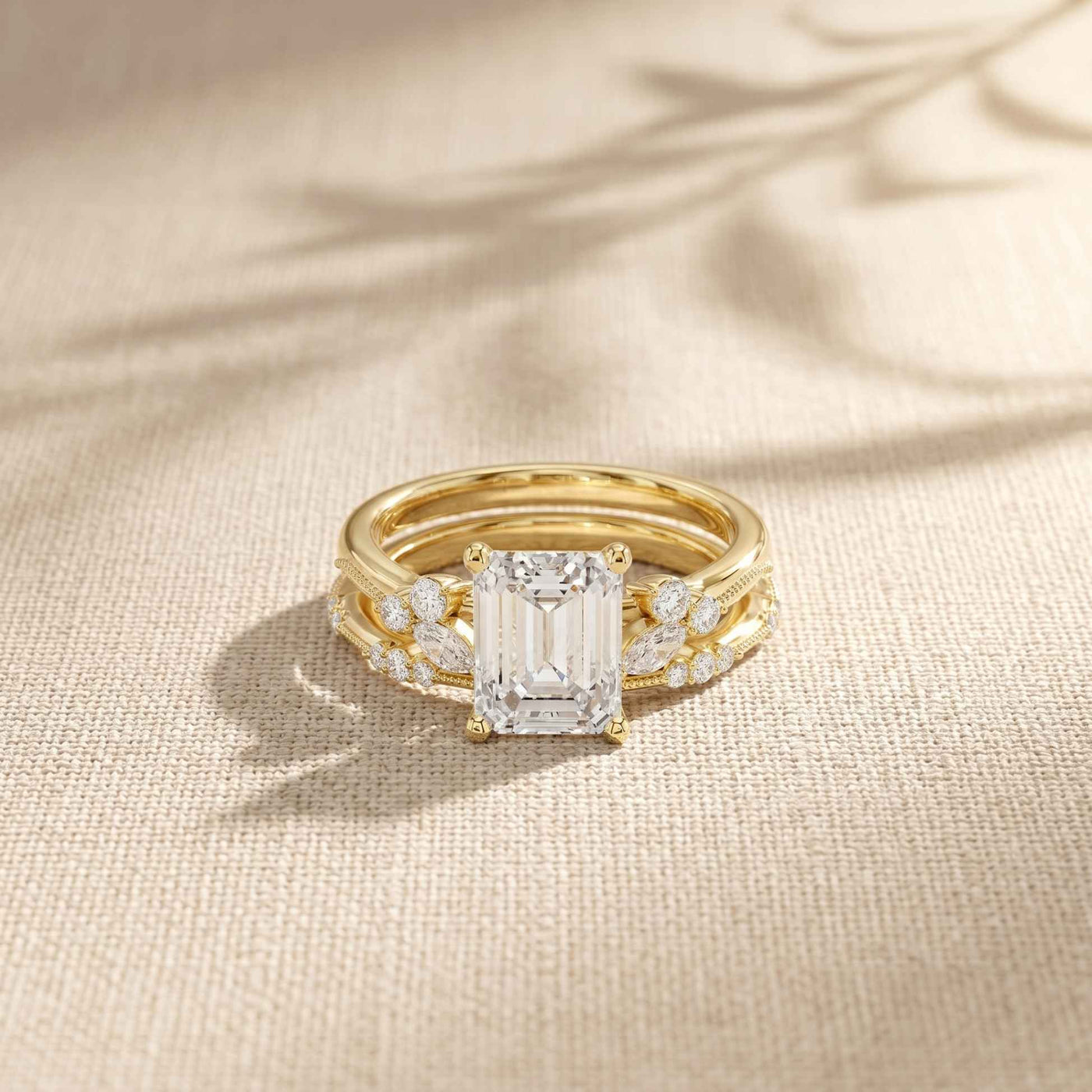2.40 Ct Emerald Cut Moissanite Vintage Accent Bridal Ring Set for Women Gold