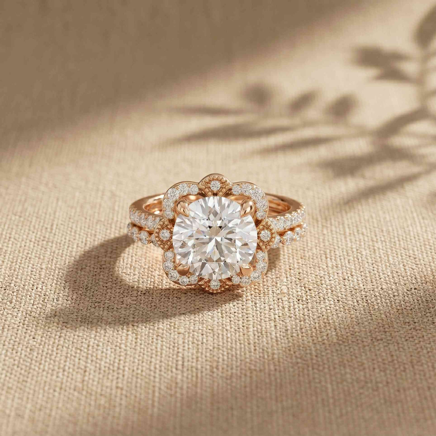 3.55 Ct Round Cut Moissanite Floral Halo Ring Set for Women