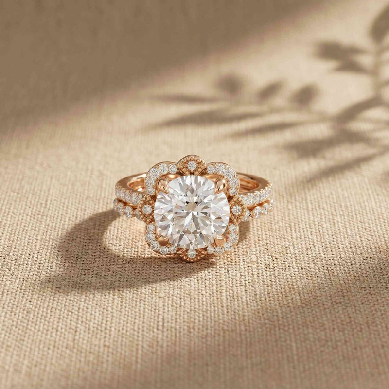 3.55 Ct Round Cut Moissanite Floral Halo Ring Set for Women