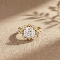 3.55 Ct Round Cut Moissanite Floral Halo Ring Set for Women