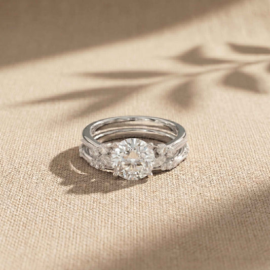 2.40 Ct Round Cut Moissanite Milgrain Accent Ring Set for Women White