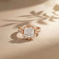 3.55 Ct Asscher Cut Moissanite Floral Halo Ring Set for Women