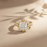 3.55 Ct Asscher Cut Moissanite Floral Halo Ring Set for Women