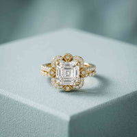 3.55 Ct Asscher Cut Moissanite Floral Halo Ring Set for Women