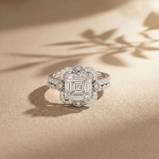 3.55 Ct Asscher Cut Moissanite Floral Halo Ring Set for Women