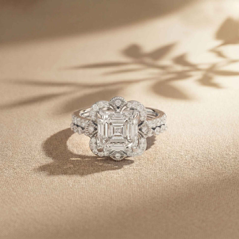 3.55 Ct Asscher Cut Moissanite Floral Halo Ring Set for Women