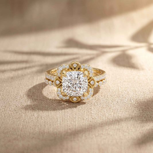 3.55 Ct Cushion Cut Moissanite Petal Halo Ring Set for Women
