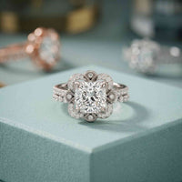 3.55 Ct Cushion Cut Moissanite Petal Halo Ring Set for Women