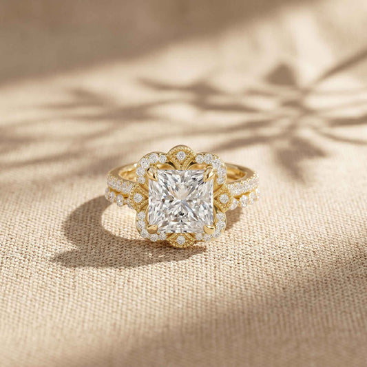 3.55 Ct Princess Cut Moissanite Floral Elegance Ring Set for Women