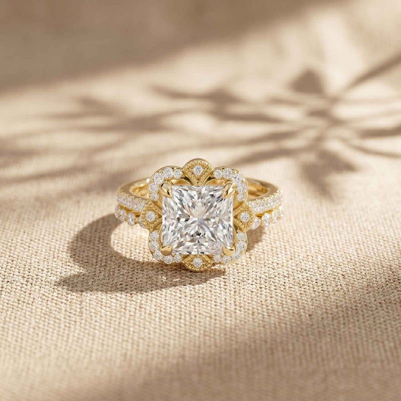 3.55 Ct Princess Cut Moissanite Floral Elegance Ring Set for Women
