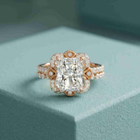 4.00 Ct Radiant Cut Moissanite Scalloped Halo Ring Set for Women