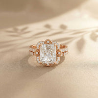 4.00 Ct Radiant Cut Moissanite Scalloped Halo Ring Set for Women
