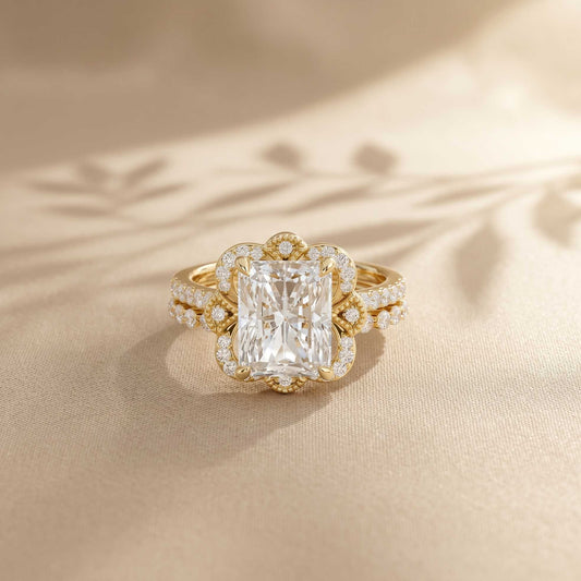 4.00 Ct Radiant Cut Moissanite Scalloped Halo Ring Set for Women