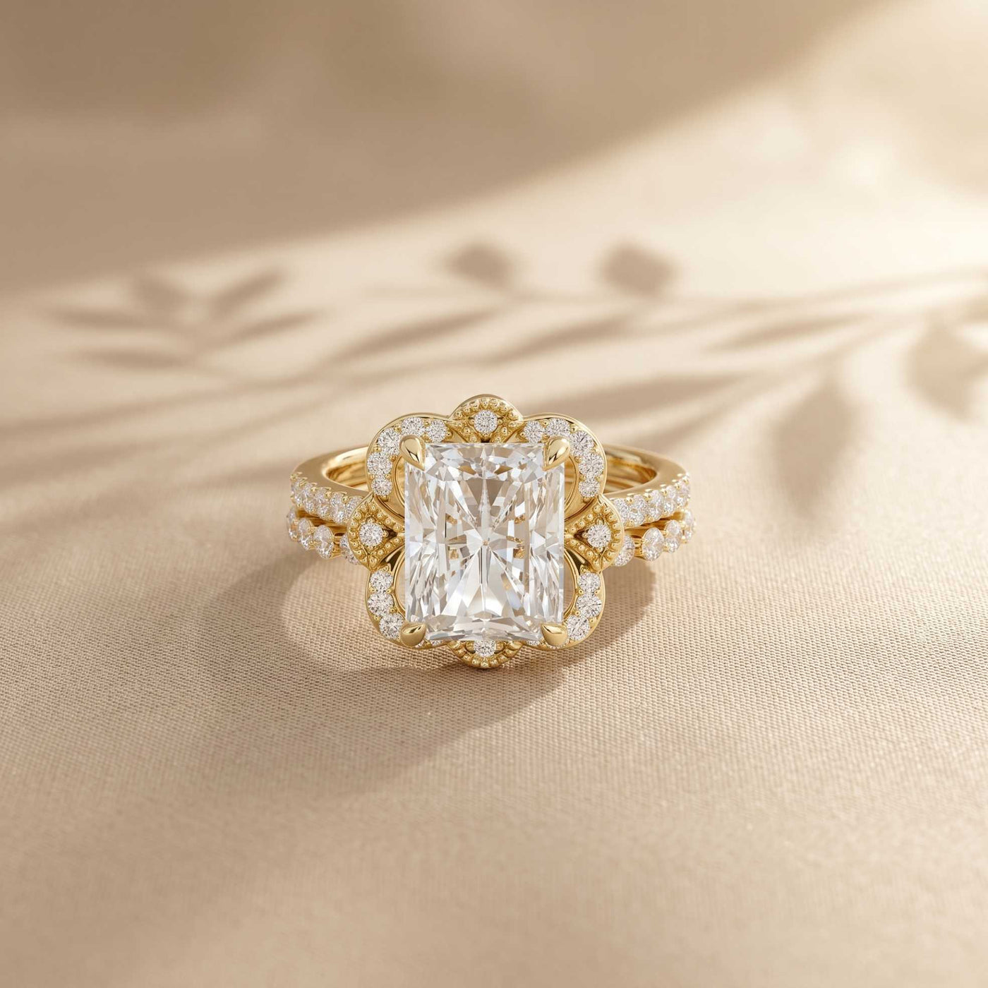 4.00 Ct Radiant Cut Moissanite Scalloped Halo Ring Set for Women