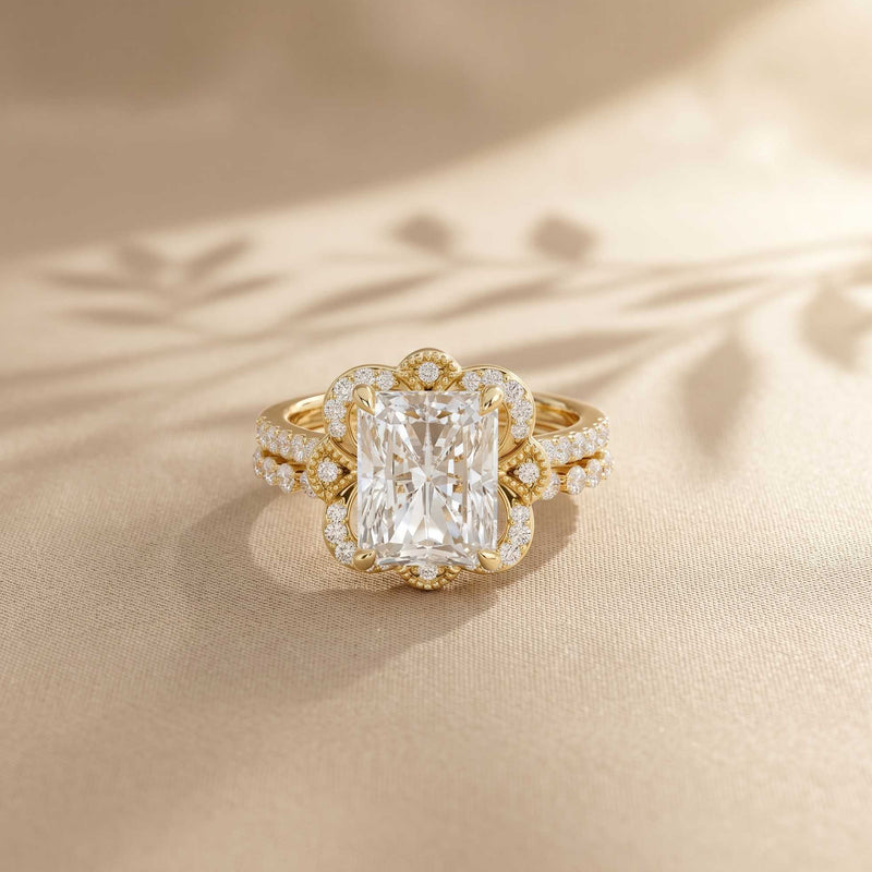 4.00 Ct Radiant Cut Moissanite Scalloped Halo Ring Set for Women