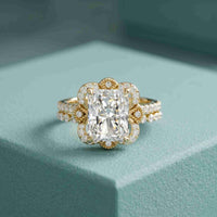 4.00 Ct Radiant Cut Moissanite Scalloped Halo Ring Set for Women