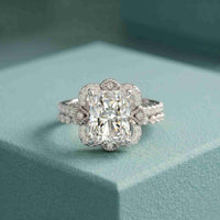 4.00 Ct Radiant Cut Moissanite Scalloped Halo Ring Set for Women