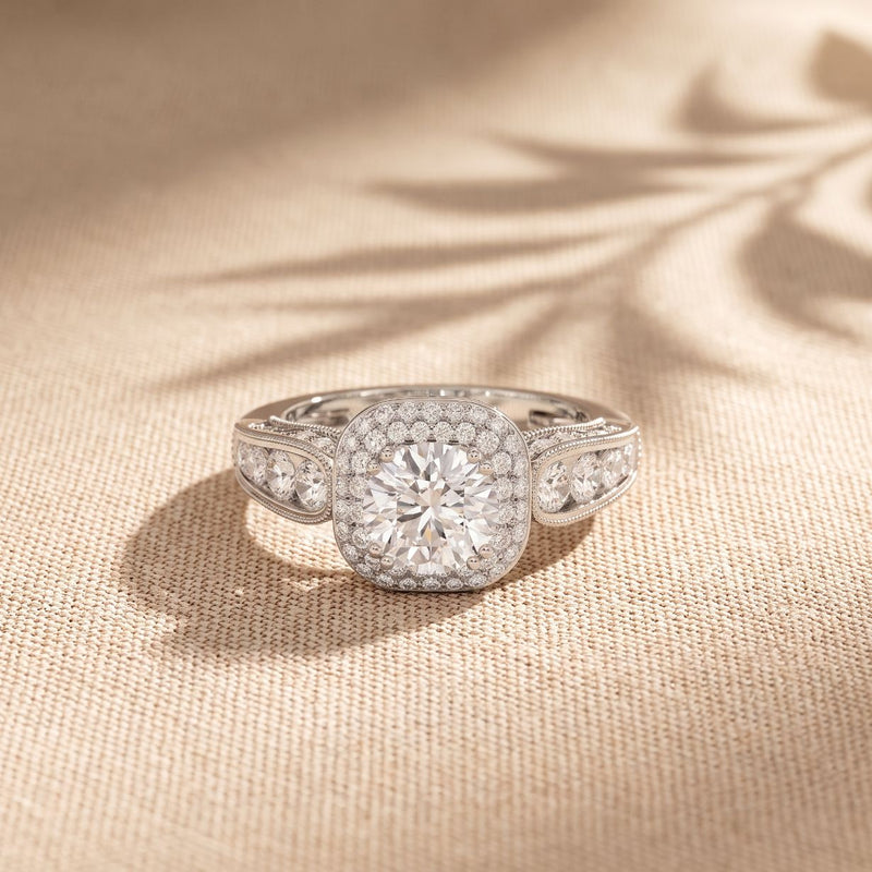 1.85 Ct Round Cut Moissanite Vintage Halo Ring for Women White