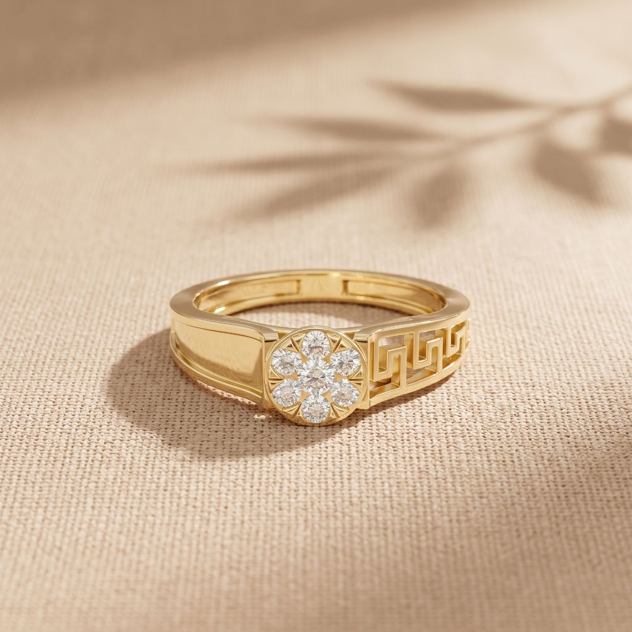 0.20 Ct Round Cut Moissanite Cluster Greek Key Openwork Ring Gold
