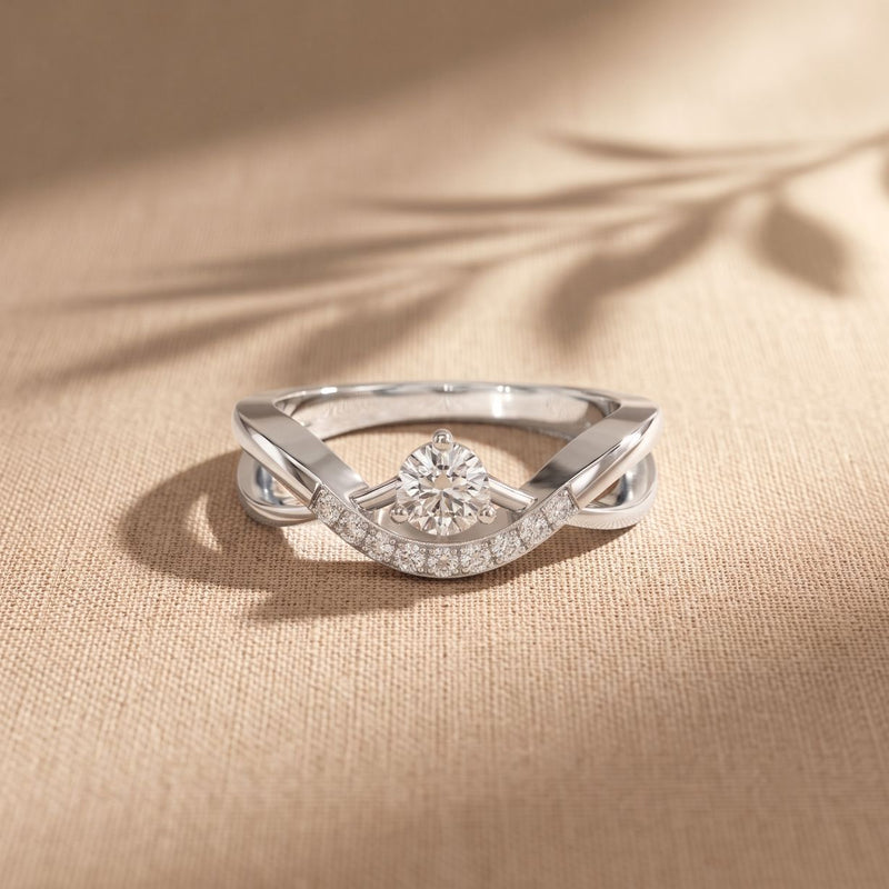 0.35 Ct Round Cut Moissanite Chevron Pavé Solitaire Ring for Women White