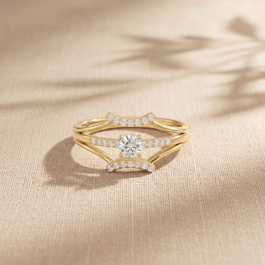 0.25 Ct Round Cut Moissanite Double Chevron Pavé Solitaire Ring for Women Gold