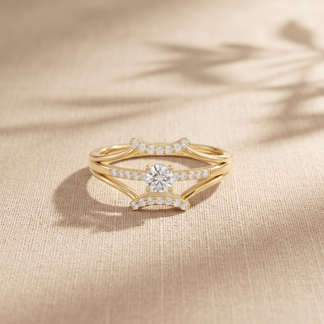 0.25 Ct Round Cut Moissanite Double Chevron Pavé Solitaire Ring for Women Gold