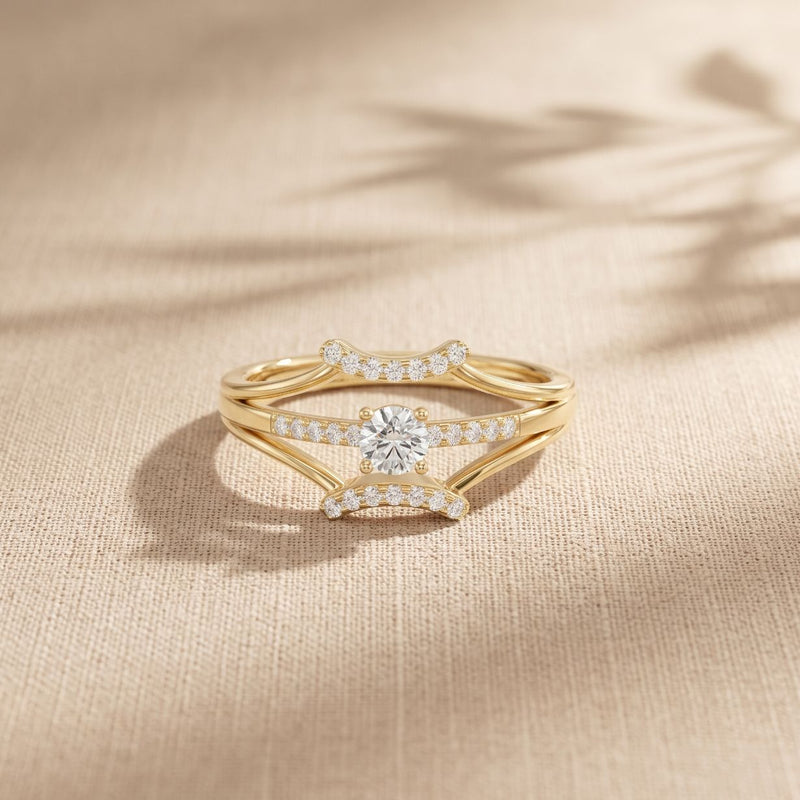 0.25 Ct Round Cut Moissanite Double Chevron Pavé Solitaire Ring for Women Gold