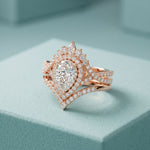 2.10 Ct Pear Cut Moissanite Royal Crown Double Halo Ring for Women Rose Gold