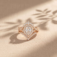 2.10 Ct Pear Cut Moissanite Royal Crown Double Halo Ring for Women Rose Gold