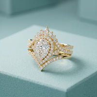 2.10 Ct Pear Cut Moissanite Royal Crown Double Halo Ring for Women Gold