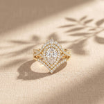 2.10 Ct Pear Cut Moissanite Royal Crown Double Halo Ring for Women Gold