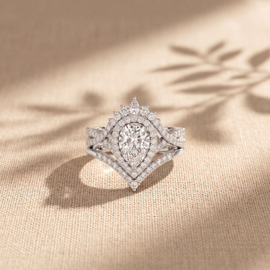 2.10 Ct Pear Cut Moissanite Royal Crown Double Halo Ring for Women White
