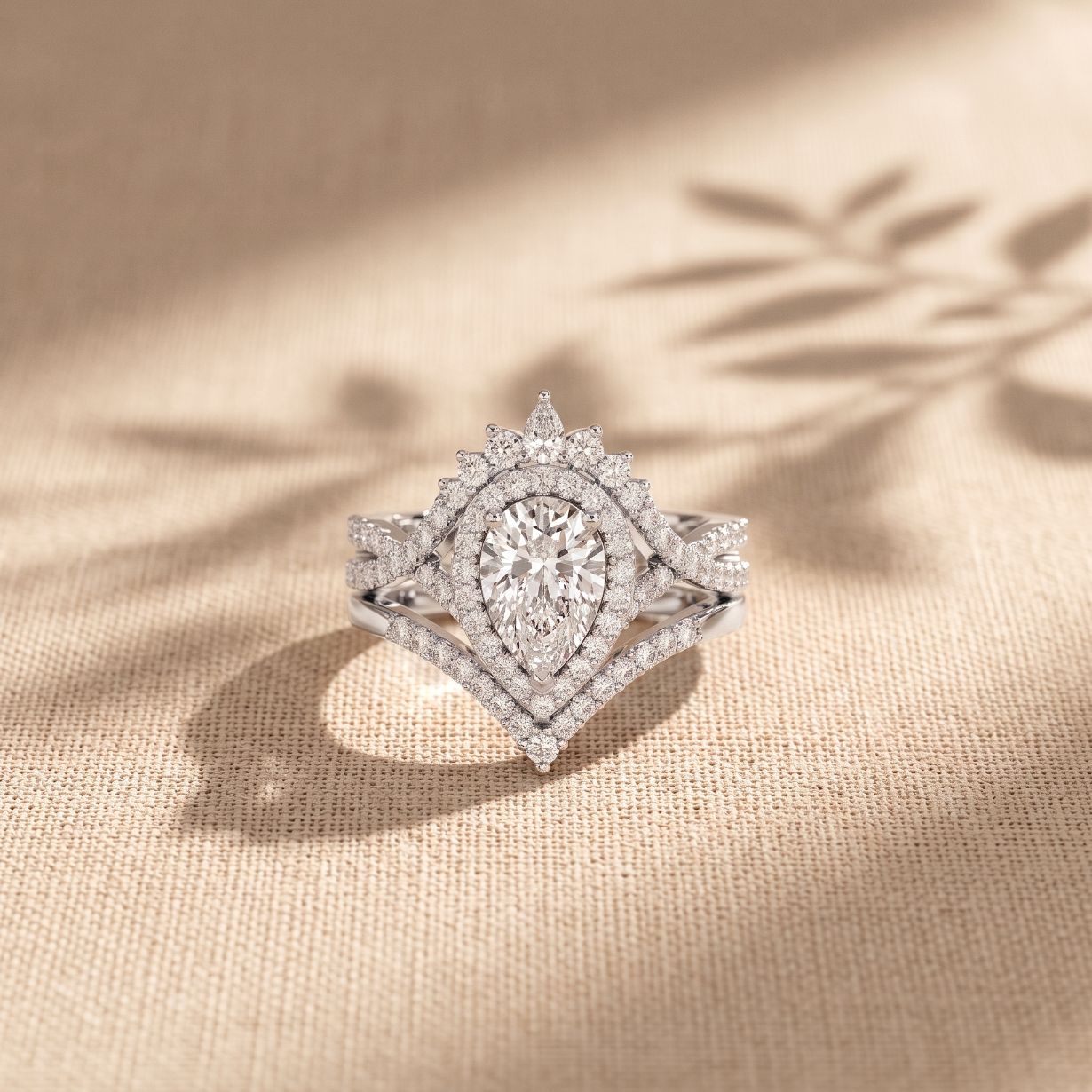 2.10 Ct Pear Cut Moissanite Royal Crown Double Halo Ring for Women White