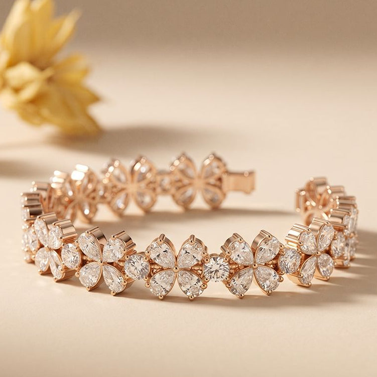 84.05 Ct Pear Cut Moissanite Floral Bloom Link Bracelet for Women Rose Gold
