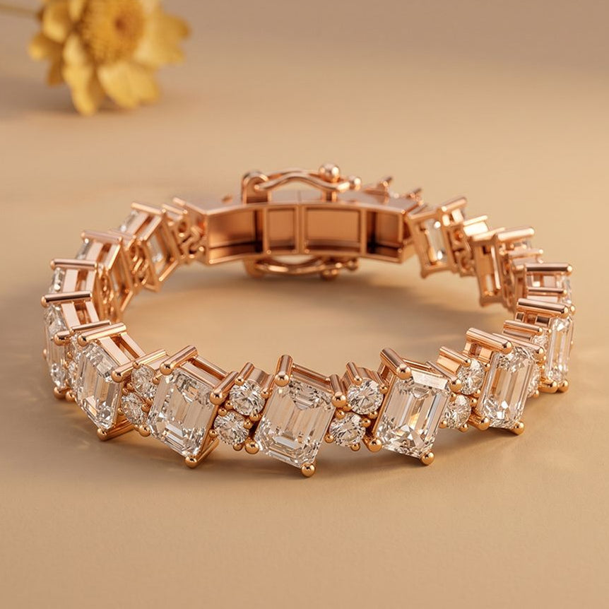 27.45 Ct Emerald and Round Cut Moissanite Art Deco Line Bracelet for Women Rose Gold