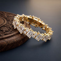 27.45 Ct Emerald and Round Cut Moissanite Art Deco Line Bracelet for Women Gold