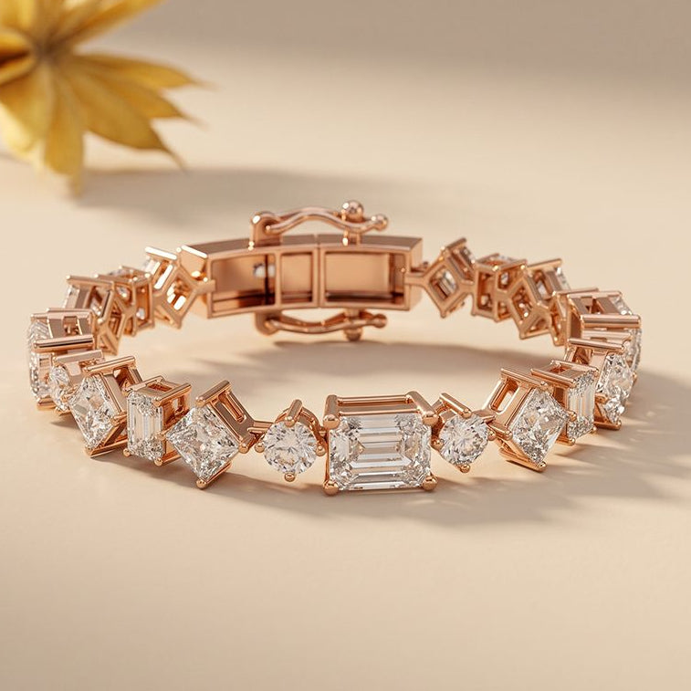 20.05 Ct Multi-Shape Moissanite Sculptural Harmony Tennis Bracelet for Women Gold Vermeil (2.5 Micron) Rose Gold