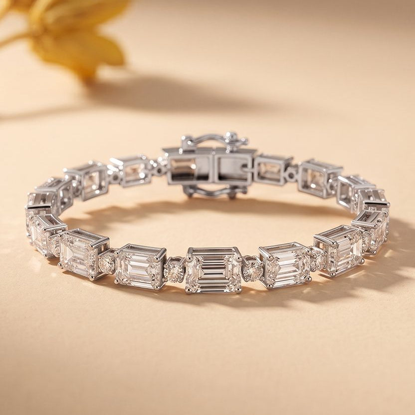 11.35 Ct Emerald Cut Moissanite Art Deco Geometric Tennis Bracelet for Women White