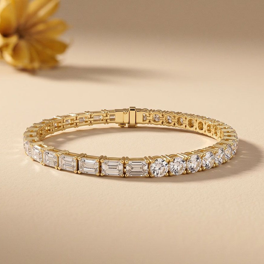 12.60 Ct Round & Emerald Cut Moissanite Alternating Brilliance Tennis Bracelet for Women Gold Vermeil (2.5 Micron) Gold
