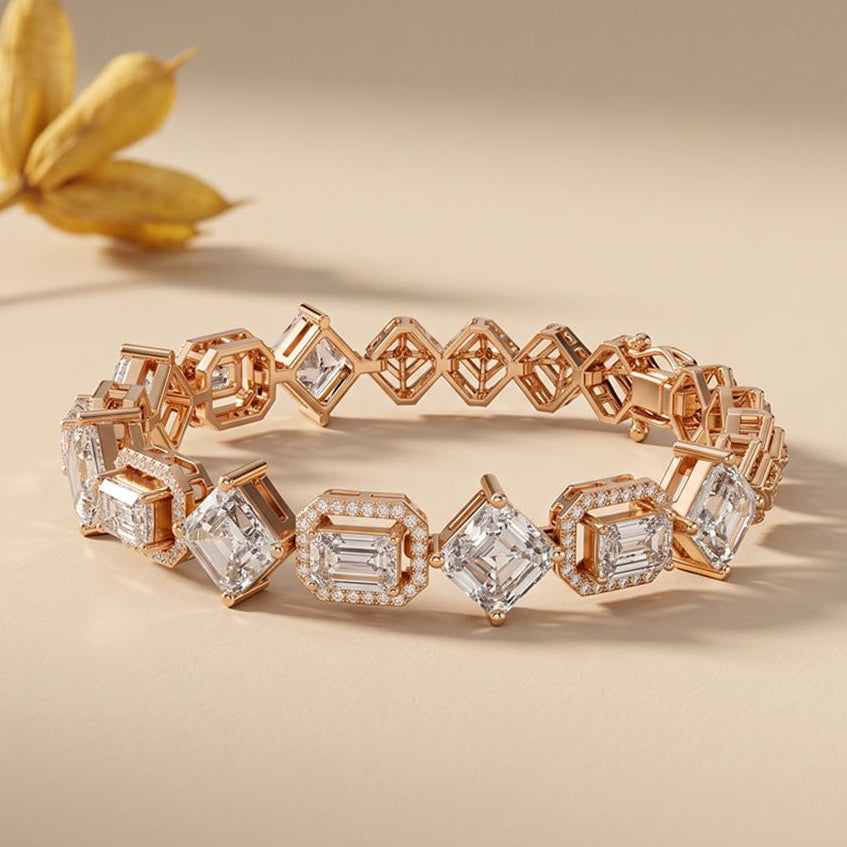 12.05 Ct Emerald & Round Cut Moissanite Geometric Frame Tennis Bracelet for Women Gold Vermeil (2.5 Micron) Rose Gold